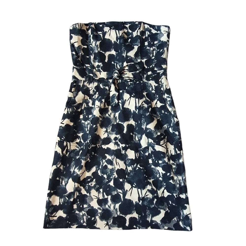 BR Strapless Dress Womens 4 Navy Blue Floral with Pockets NWT